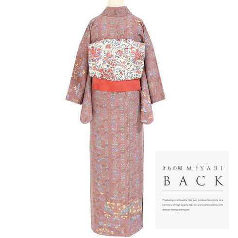 紬 リサイクル 身丈153.5cm 裄63.6cm 袷 更紗に鳳凰柄 ブラウン Sサイズ カジュアル お洒落 正絹 広衿 Sランク