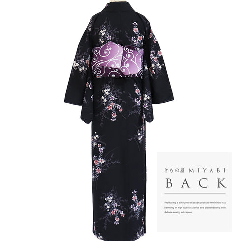 小紋 リサイクル 身丈165.8cm 裄67.5cm 袷 草花柄 既製品 ブラック LLサイズ お洒落 カジュアル ポリエステル 洗える着物 広衿 新品・未使用品