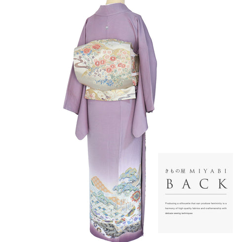 色留袖 リサイクル 身丈160.5cm 裄64.2cm 袷 宮延鳳凰風 比翼無し パープル Lサイズ 落款 一つ紋 正絹 広衿 Sランク