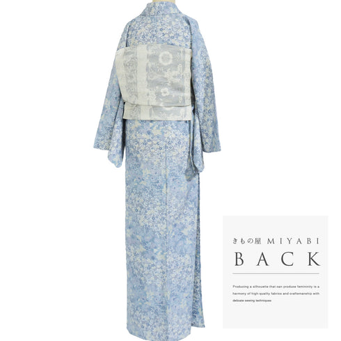 小紋 リサイクル 身丈167cm 裄68cm 単衣 草花柄 既製品 トールサイズ ブルー LLサイズ お洒落 カジュアル ポリエステル 洗える着物 広衿 Sランク