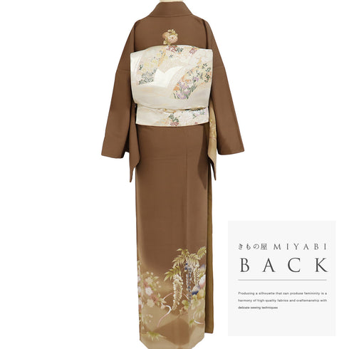 付下げ リサイクル 身丈168cm 裄69.6cm 袷 牡丹 四季花 プラチナガード加工 金駒刺繍 花井幸子作 ブラウン LLサイズ セミフォーマル お洒落 三つ紋 正絹 広衿 Aランク