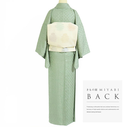 小紋 リサイクル 身丈153cm 裄62.6cm 袷 市松石畳柄 地紋 江戸小紋 グリーン Sサイズ お洒落 正絹 広衿 Sランク