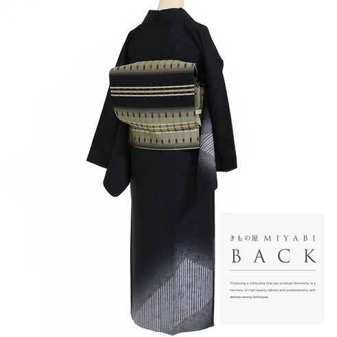 訪問着 リサイクル 身丈160.5cm 裄65.8cm 袷 幾何学柄 地紋 ブラック Lサイズ お洒落 落款 正絹 広衿 Sランク