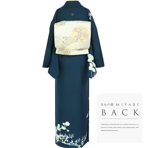 訪問着 リサイクル 身丈158cm 裄66.4cm 袷 秋明菊に萩や蝶柄 グリーン Mサイズ セミフォーマル お洒落 一つ紋 正絹 広衿 Sランク
