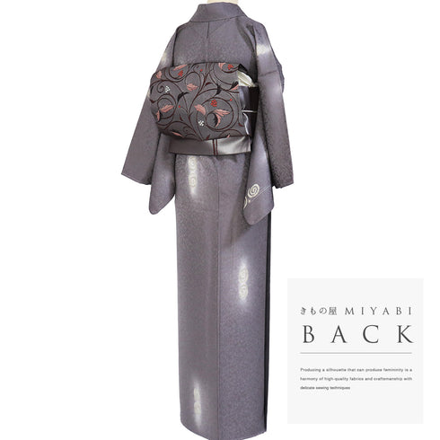 小紋 リサイクル 身丈163.8cm 裄64.4cm 袷 渦巻き柄 パープル Lサイズ お洒落 カジュアル しつけ糸 正絹 広衿 Sランク