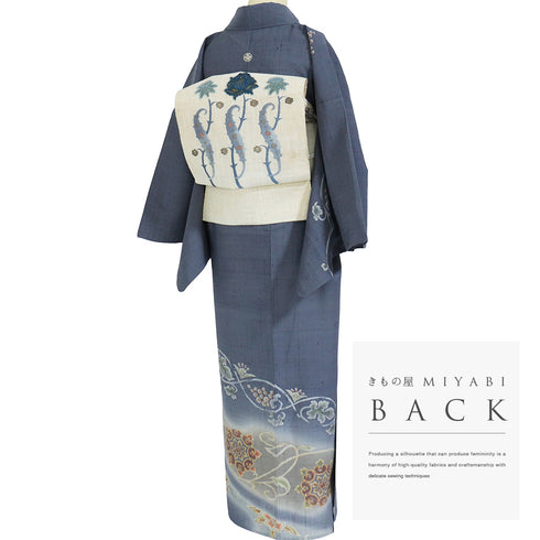 訪問着 リサイクル 夏着物 身丈162cm 裄66cm 夏物 花・葡萄柄 紬 グレー Lサイズ フォーマル 一つ紋 正絹 広衿 Bランク