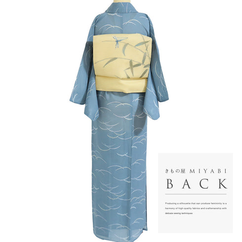 小紋 リサイクル 夏着物 身丈160.3cm 裄63.6cm 絽 露芝柄 既製品 ブルー Mサイズ お洒落 カジュアル ポリエステル 洗える着物 広衿 Sランク