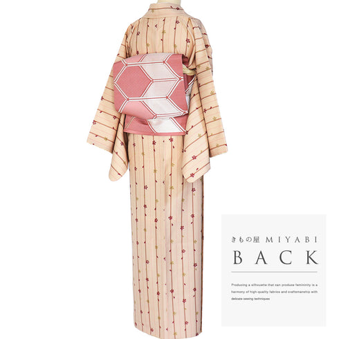 小紋 リサイクル 身丈166.7cm 裄67cm 袷 既製品 ストライプ柄 桜柄 ピンク LLサイズ お洒落 カジュアル ポリエステル 洗える着物 広衿 Sランク