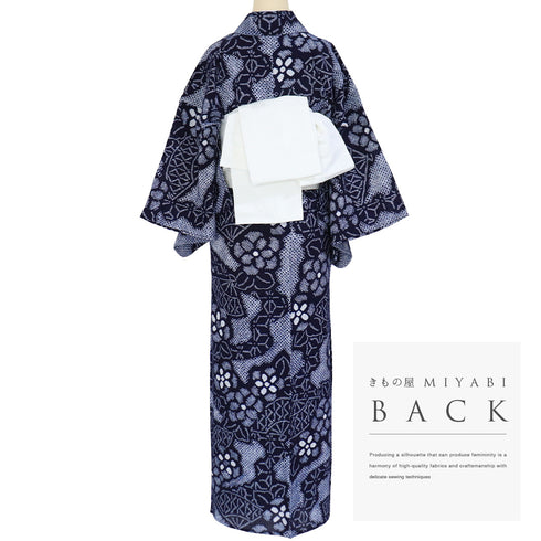 浴衣 リサイクル 夏着物 身丈150cm 裄60.5cm 夏物 絞り 扇子や花柄 ネイビー SSサイズ カジュアル 木綿 洗える着物 バチ衿 Sランク