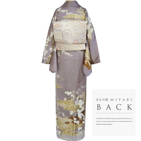 訪問着 身丈165.5cm 裄67.5cm 袷 かすみに菊模様 金駒刺繍 箔 パープル LLサイズ セミフォーマル 正絹 広衿 Aランク