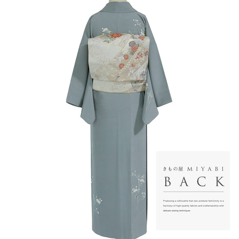 訪問着 リサイクル 身丈151cm 裄62.4cm 袷 花鳥柄 峰山 グレー Sサイズ お洒落 落款 正絹 広衿 Sランク