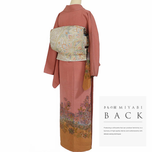 訪問着 リサイクル 身丈168.5cm 裄69.2cm 袷 華唐草柄 汕頭刺繍 オレンジ LLサイズ セミフォーマル 正絹 広衿 Sランク