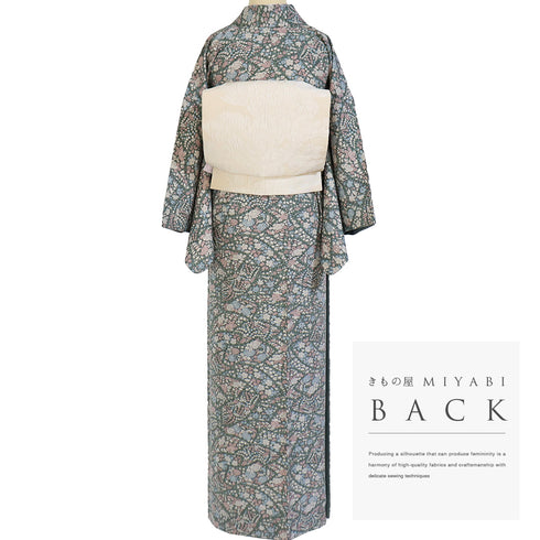 小紋 リサイクル 身丈162cm 裄65.8cm 袷 辻が花風模様 グリーン Lサイズ お洒落 カジュアル 正絹 広衿 Aランク