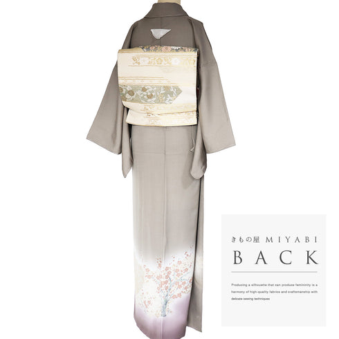 色留袖 リサイクル 身丈163.5cm 裄66cm 袷 観世水に白梅・紅梅柄 織り出し模様 比翼無し グレー Lサイズ 一つ紋 しつけ糸 正絹 広衿 Sランク