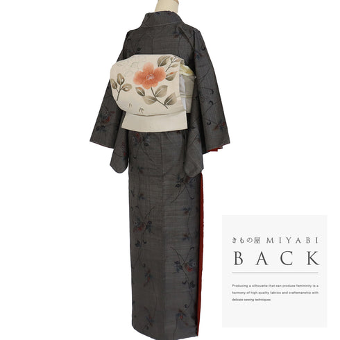 紬 リサイクル 身丈155.8cm 裄63.6cm 袷 花柄 韓国産大島紬 ブラック Mサイズ お洒落 カジュアル しつけ糸 正絹 広衿 Sランク