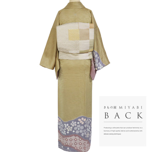 訪問着 リサイクル 身丈159cm 裄65cm 袷 観世水 花柄 部分絞り ベージュ サイズ セミフォーマル お洒落 一つ紋 正絹 広衿 Sランク