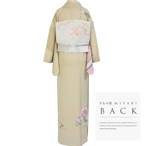 付下げ リサイクル 身丈163.5cm 裄65.6cm 袷 地紋 箔加工 部分たたき 菊柄 竹柄 アイボリー Lサイズ お洒落 正絹 広衿 Sランク