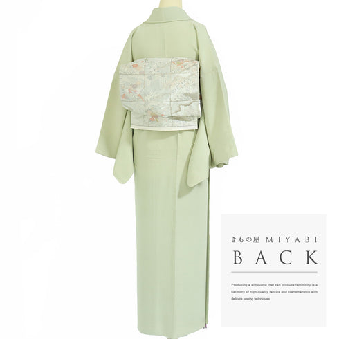 色無地 リサイクル 身丈155.3cm 裄66cm 袷 グリーン Sサイズ お洒落 正絹 広衿 地紋なし Bランク