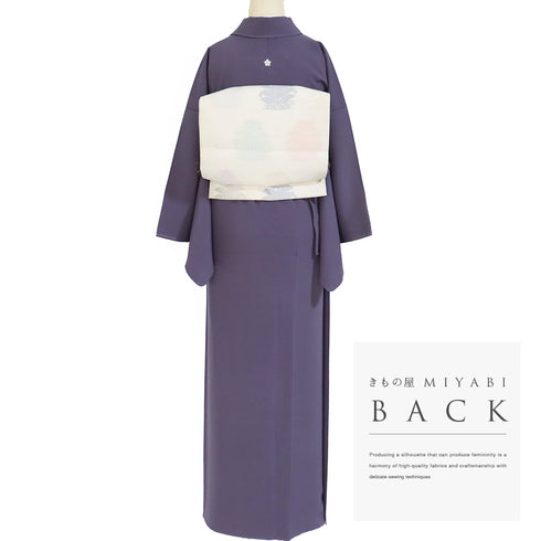 色無地 リサイクル 身丈161cm 裄65.6cm 袷 パープル Lサイズ セミフォーマル お洒落 一つ紋 正絹 広衿 地紋なし Sランク