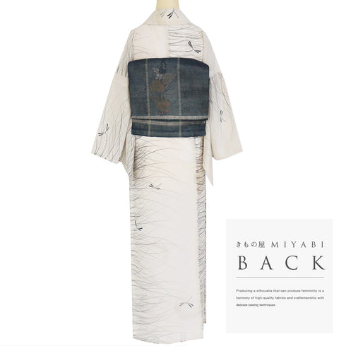 小紋 リサイクル 夏着物 身丈153cm 裄64.8cm 夏物 芝模様 とんぼ柄 雪輪 ミシン仕立て 後身頃居敷当て付き ベージュ Sサイズ カジュアル お洒落 ポリエステル 洗える着物 広衿 Sランク