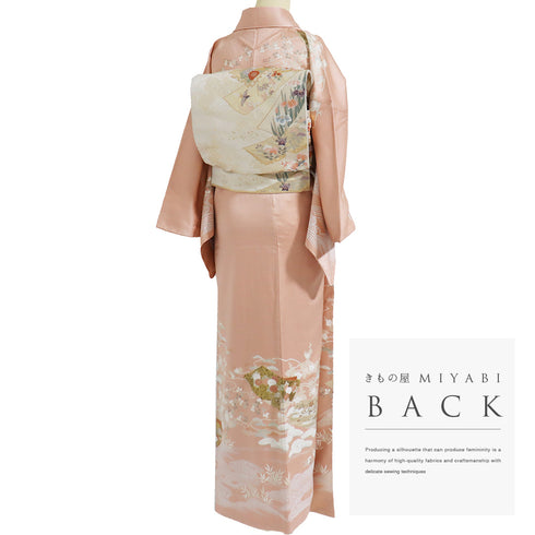 訪問着 リサイクル 身丈168.8cm 裄67.6cm 袷 花柄 金駒刺繍 ピンク LLサイズ セミフォーマル お洒落 正絹 広衿 Sランク