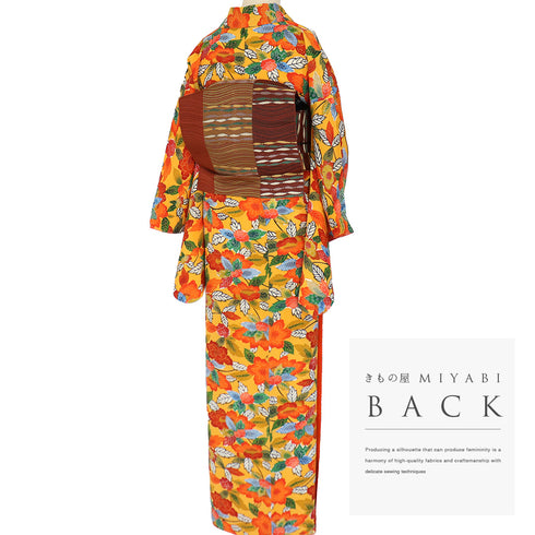 小紋 リサイクル 身丈161.5cm 裄66.4cm 袷 デザイン花柄 オレンジ Lサイズ お洒落 カジュアル 正絹 広衿 Sランク