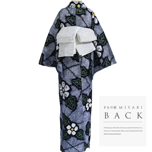 浴衣 リサイクル 夏着物 身丈152.5cm 裄65cm 夏物 花柄に麻の葉柄 絞り ネイビー Sサイズ カジュアル 木綿 洗える着物 バチ衿 Sランク