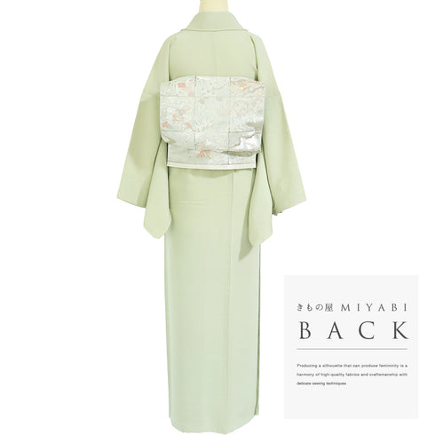 色無地 リサイクル 身丈155.3cm 裄66cm 袷 グリーン Sサイズ お洒落 正絹 広衿 地紋なし Bランク