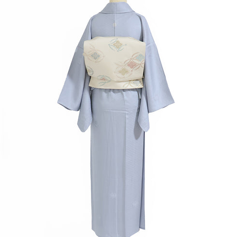 色無地 リサイクル 身丈160cm 裄65.2cm 単衣 菱つなぎに雪輪柄 グレー Mサイズ フォーマル 一つ紋 正絹 広衿 地紋あり Sランク