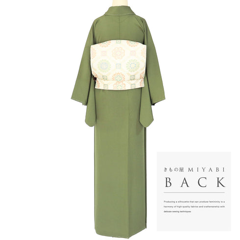 色無地 リサイクル 身丈160cm 裄63.6cm 袷 ちりめん グリーン Mサイズ お洒落 しつけ糸 正絹 広衿 Sランク