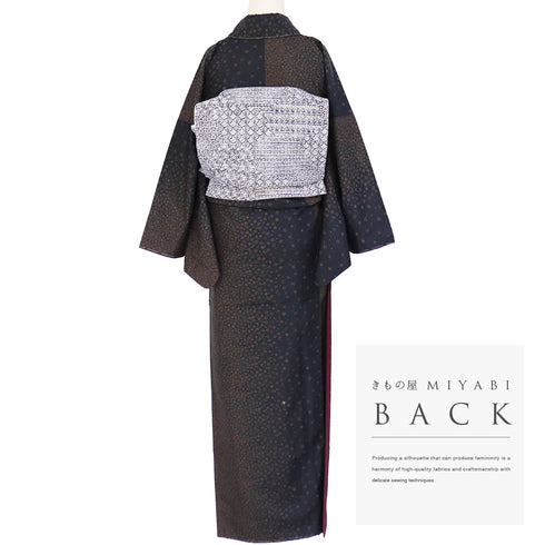 紬 リサイクル 身丈158.3cm 裄67.4cm 袷 ゆったりサイズ 小草花 部分刺繍 京繍黄八丈18算 ブラック Mサイズ お洒落 カジュアル 証紙 しつけ糸 正絹 広衿 Sランク