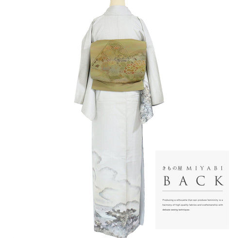 付下げ リサイクル 身丈166.4cm 裄65.6cm 袷 紬 お召 御堂のある風景柄 箔 グレー LLサイズ お洒落 正絹 広衿 Sランク