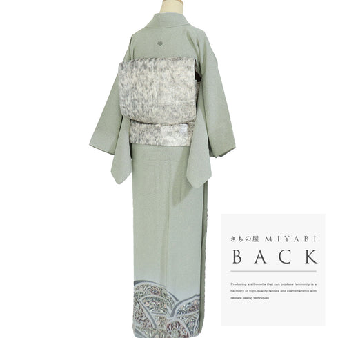 色留袖 リサイクル 身丈158.7cm 裄64cm 袷 彩天目織 オリエンタル花柄 グリーン Mサイズ 一つ紋 正絹 広衿 Aランク