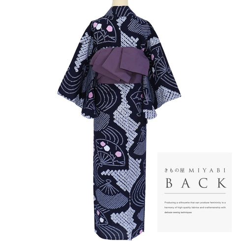 浴衣 リサイクル 夏着物 身丈149cm 裄62.5cm 夏物 絞り 扇子柄 ネイビー SSサイズ カジュアル 木綿 洗える着物 バチ衿 Sランク