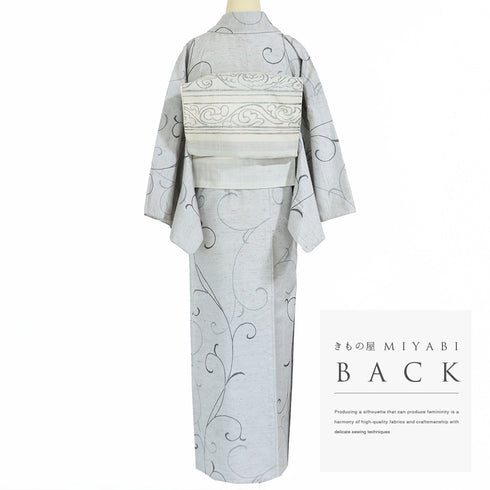 紬 リサイクル 身丈155.5cm 裄64.6cm 単衣 ぜんまい織 唐草模様 グレー Mサイズ カジュアル お洒落 証紙 混合 洗える着物 広衿 Sランク