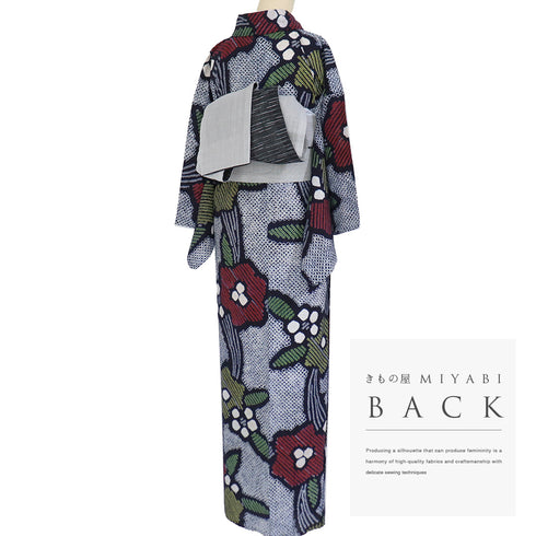 浴衣 リサイクル 夏着物 身丈154.8cm 裄64.8cm 夏物 絞り 花柄 ネイビー Sサイズ カジュアル お洒落 木綿 洗える着物 バチ衿 Aランク