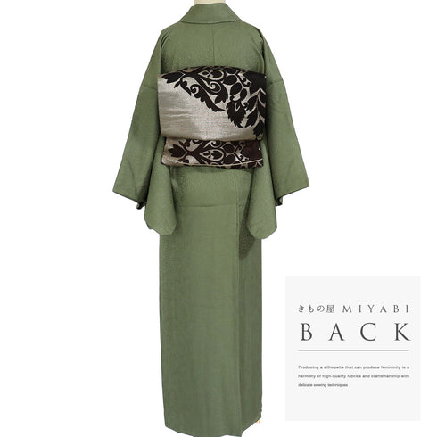 色無地 リサイクル 身丈154.8cm 裄64.4cm 袷 枝や葉に花柄 草木染 七五三 グリーン Sサイズ フォーマル お洒落 証紙 正絹 バチ衿 地紋あり Sランク