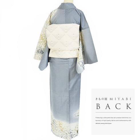 付下げ リサイクル 身丈159.3cm 裄65.4cm 単衣 紬 植物柄 後身頃居敷当て付き グレー Mサイズ お洒落 正絹 広衿 Sランク