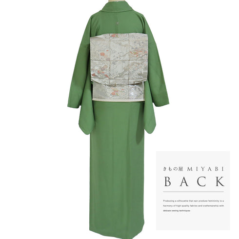 色無地 リサイクル 身丈167.5cm 裄66.8cm 袷 グリーン LLサイズ フォーマル セミフォーマル 一つ紋 正絹 広衿 地紋あり Sランク