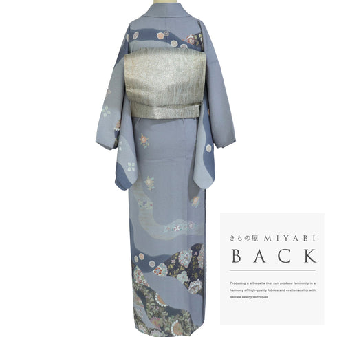 訪問着 リサイクル 身丈160.5cm 裄64.8cm 袷 華紋や花唐草柄 金駒刺繍 グレー Lサイズ フォーマル 一つ紋 正絹 広衿 Sランク