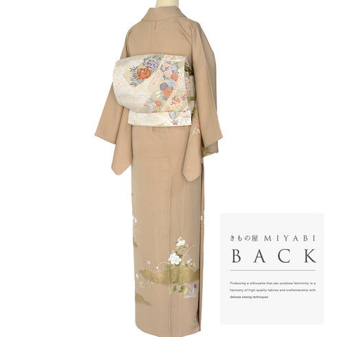 訪問着 リサイクル 身丈155.5cm 裄62.8cm 袷 花柄 雲取り柄 箔 刺繍 ブラウン Mサイズ お洒落 正絹 広衿 Sランク