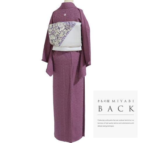 色無地 リサイクル 身丈158.5cm 裄65.6cm 袷 菊や梅柄 パープル Mサイズ セミフォーマル 一つ紋 しつけ糸 正絹 広衿 地紋あり Sランク