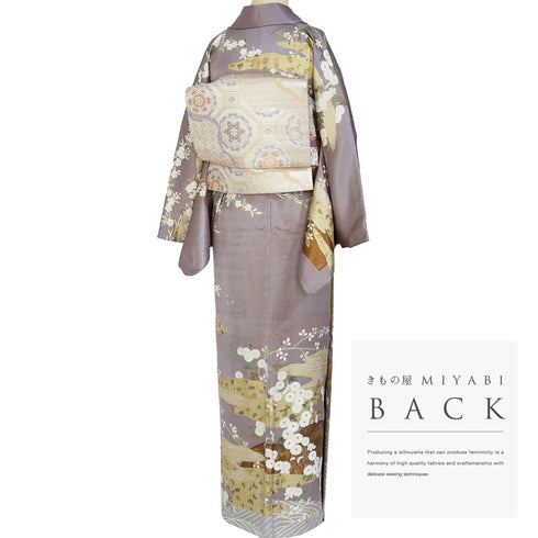 訪問着 身丈165.5cm 裄67.5cm 袷 かすみに菊模様 金駒刺繍 箔 パープル LLサイズ セミフォーマル 正絹 広衿 Aランク