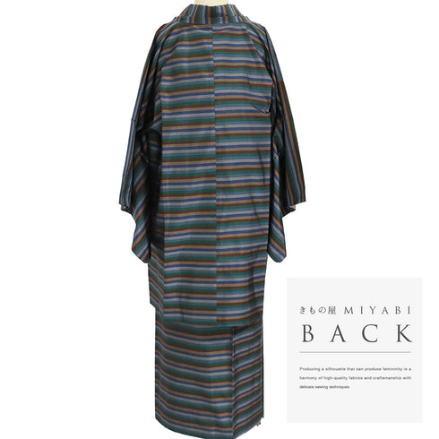 大島紬 リサイクル アンサンブル 2点セット 袷 証紙 Lサイズ Aランク ボーダー柄 カジュアル 道行コート丈89.5cm 身丈161.5cm 裄64.8cm 正絹 着物 AN-56