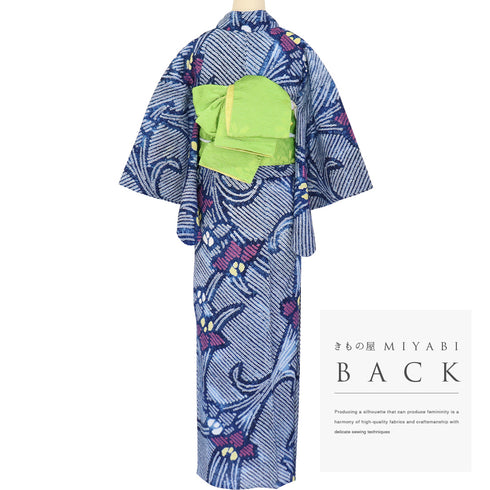 浴衣 リサイクル 夏着物 身丈158.5cm 裄63cm 夏物 絞り あやめ柄 ネイビー Mサイズ カジュアル 木綿 洗える着物 バチ衿 Aランク