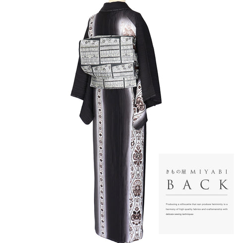 訪問着 リサイクル 身丈158.5cm 裄62.2cm 袷 立涌に唐花模様 地紋 長居賢珠 ブラック Mサイズ お洒落 落款 しつけ糸 正絹 広衿 未使用品