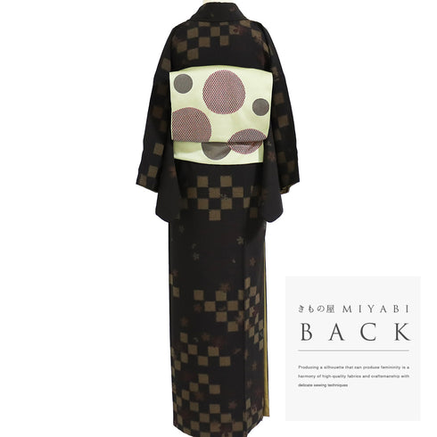 付下げ リサイクル 身丈162cm 裄64.8cm 袷 市松に桜柄 ブラウン Lサイズ お洒落 ポリエステル 広衿 Sランク