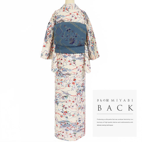 小紋 リサイクル 身丈156.5cm 裄62.6cm 袷 風景や四季花柄 ベージュ Mサイズ お洒落 ポリエステル 洗える着物 広衿 Sランク