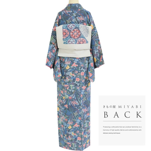 小紋 リサイクル 身丈155.8cm 裄62cm 袷 花や鳥柄 ブルー Mサイズ お洒落 正絹 広衿 Sランク