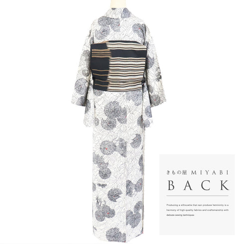 小紋 リサイクル 身丈155.8cm 裄63.2cm 単衣 菊柄 アイボリー Mサイズ お洒落 カジュアル 正絹 バチ衿 Aランク